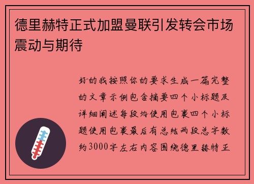 德里赫特正式加盟曼联引发转会市场震动与期待 德里赫特正式加盟曼联引发转会市场震动与期待