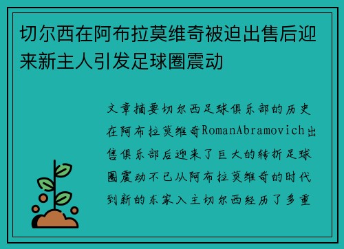 切尔西在阿布拉莫维奇被迫出售后迎来新主人引发足球圈震动